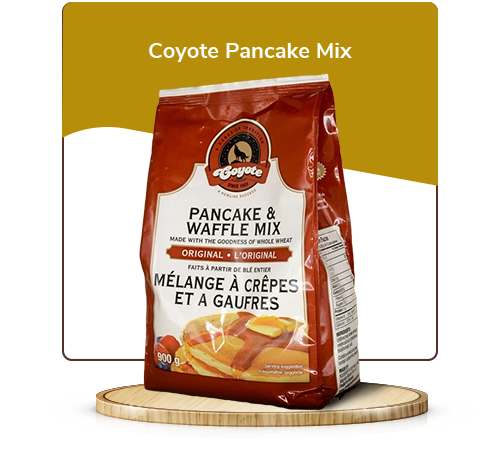 Coyote Pancake mix, sitting on a wooden pedestal. It's certified 30% habitat friendly winter wheat.