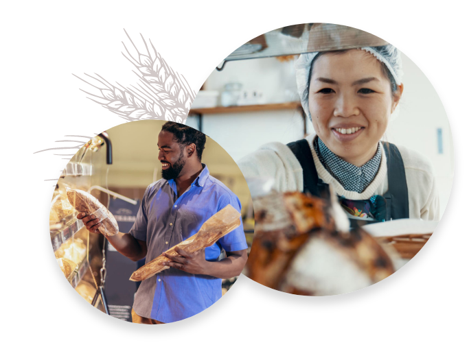 A collage of a baker working, and a consumer choosing their baked goods in the store.