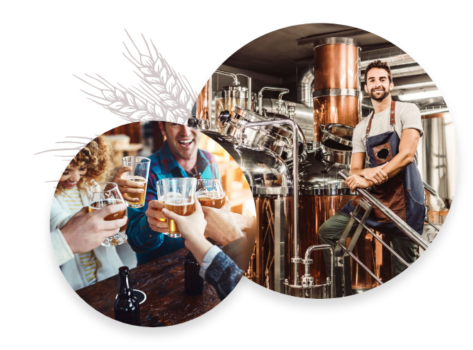 A collage: A group of friends at the bar clink their beers together, and a distiller smiles proudly next to his distilling equipment.