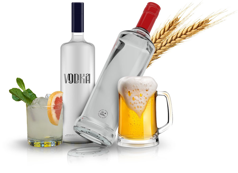 Products all made with winter wheat: Vodka and a vodka cocktail, and a mug of beer.