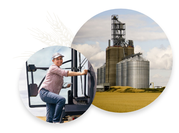 A collage of photos: a grain mill and a smiling farmer.