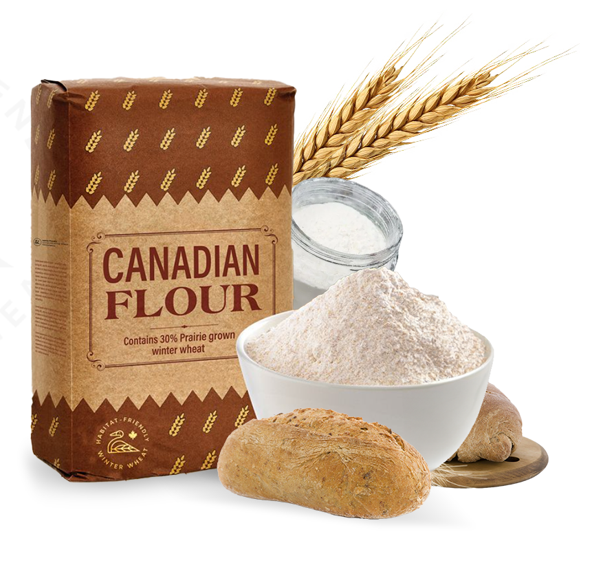 A bag of Canadian flour next to a bowl of white flour, and a bread roll.